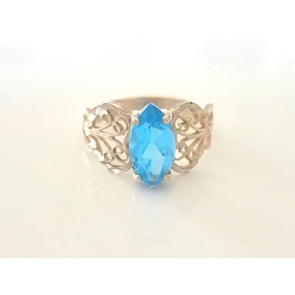 Vintage Topaz Marquise Sterling Silver Filigree Ring